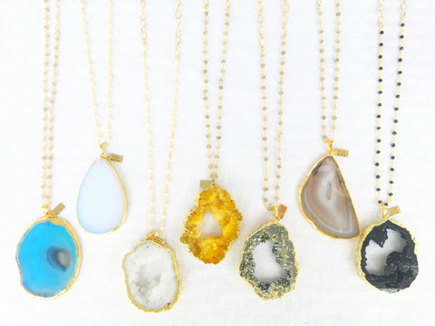 Agate/Druzy + Gemstone Beaded Chain Necklaces